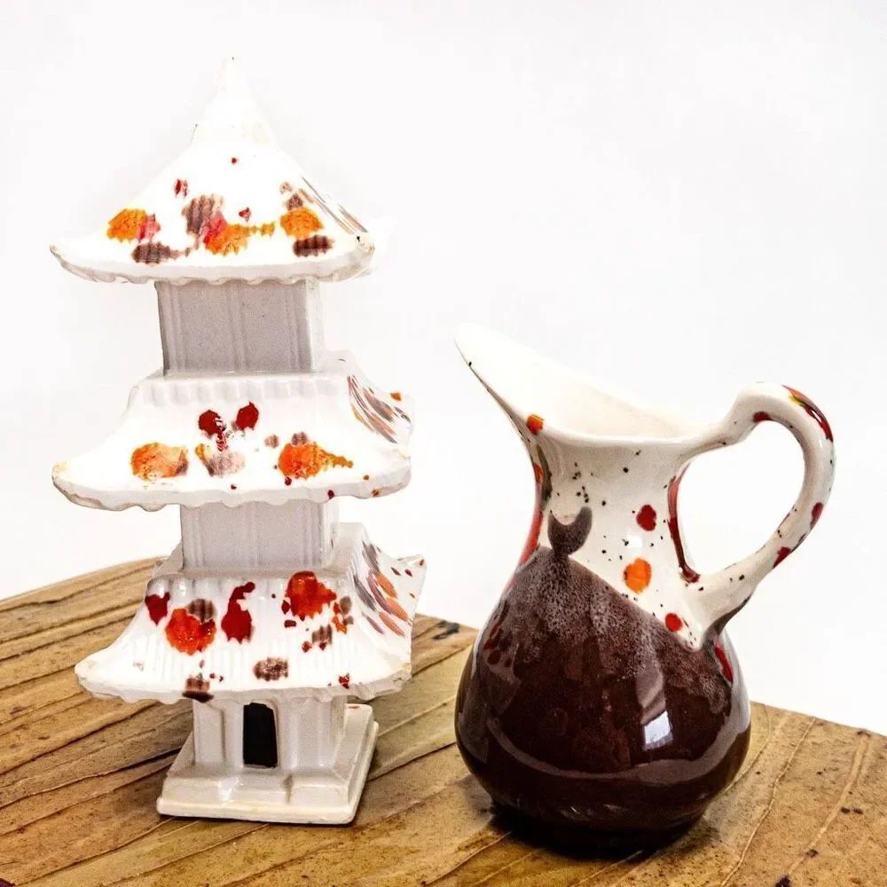 VTG Splatter Pottery 3-Tier Pagoda and Cream Pitcher/Vase